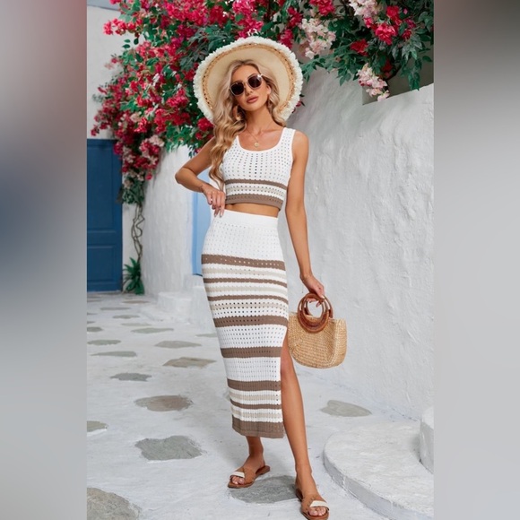 Striped Openwork Cropped Tank and Split Skirt Set - Picture 1 of 16